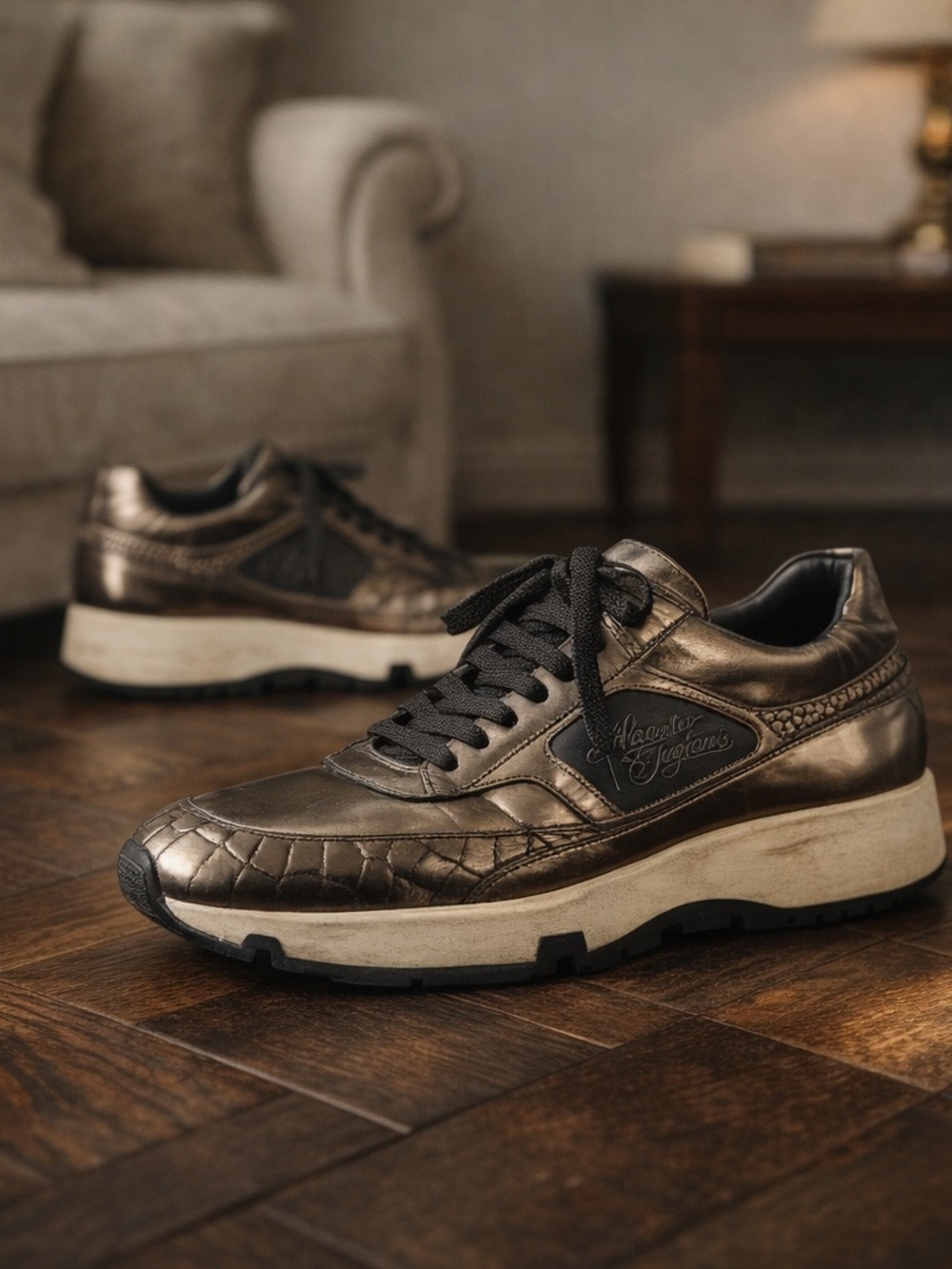 ALEJANDRO INGELMO Metallic Leather Sneakers Hidden Lift Made In Italy Men Size 9